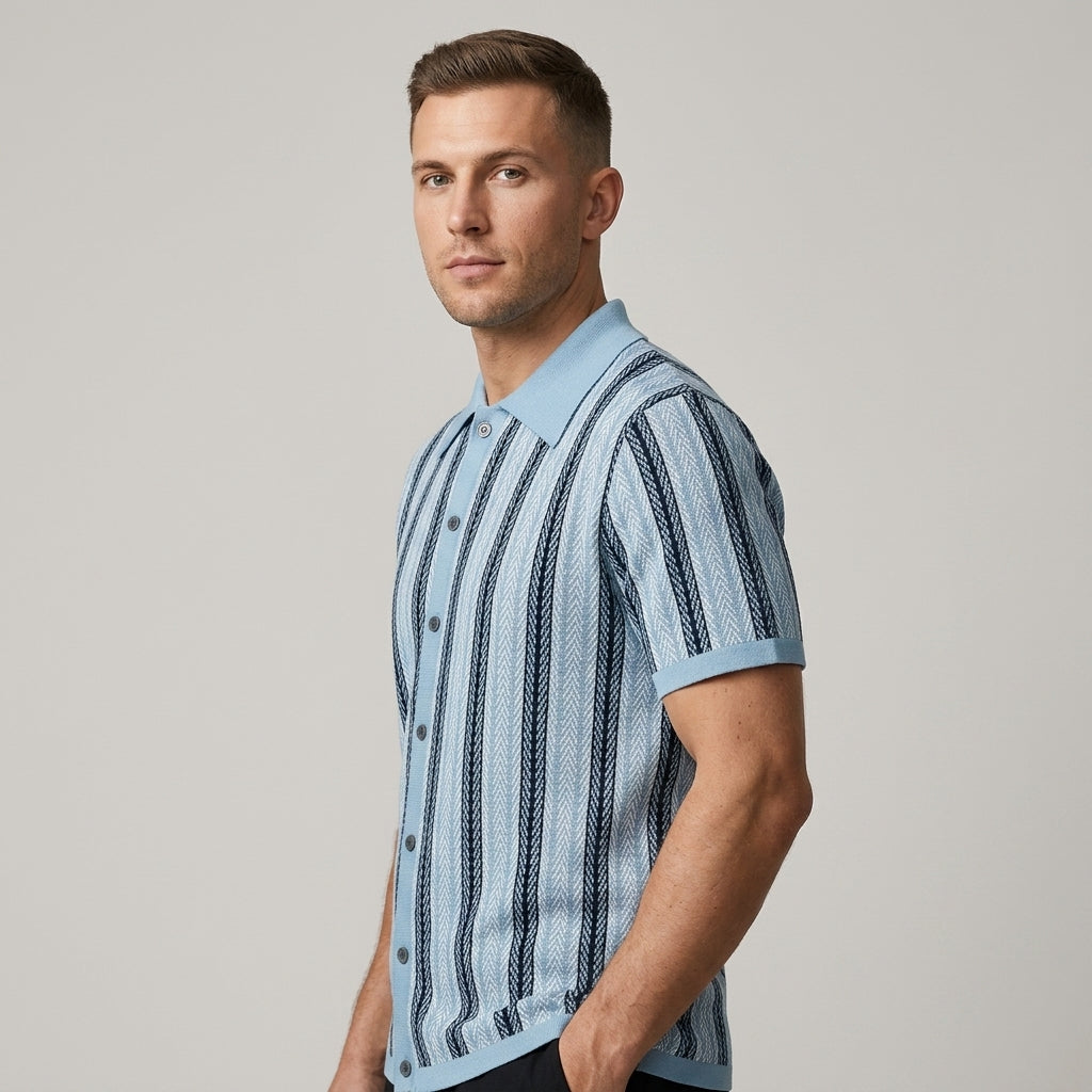 Kristen Stripe Open Collar Knit Shirt